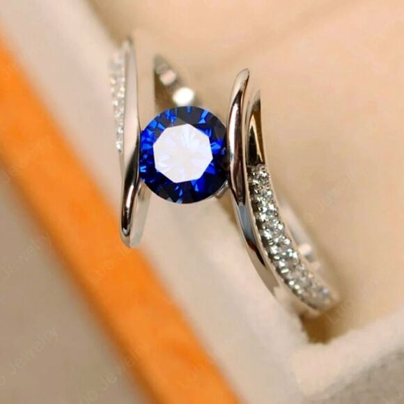 Unique Round Cut Crystal Ring Plated Sapphire and Zircons Size 8.5 - Picture 5 of 6